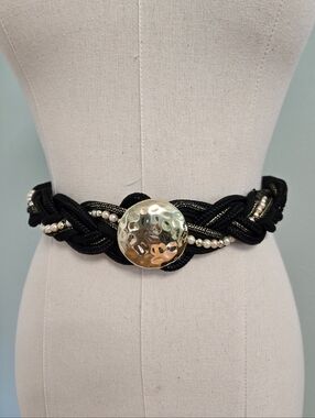 VTG 80s Belt Braided Wrap -  Black & Gold Cord, Faux Pearl - Hammered Metal